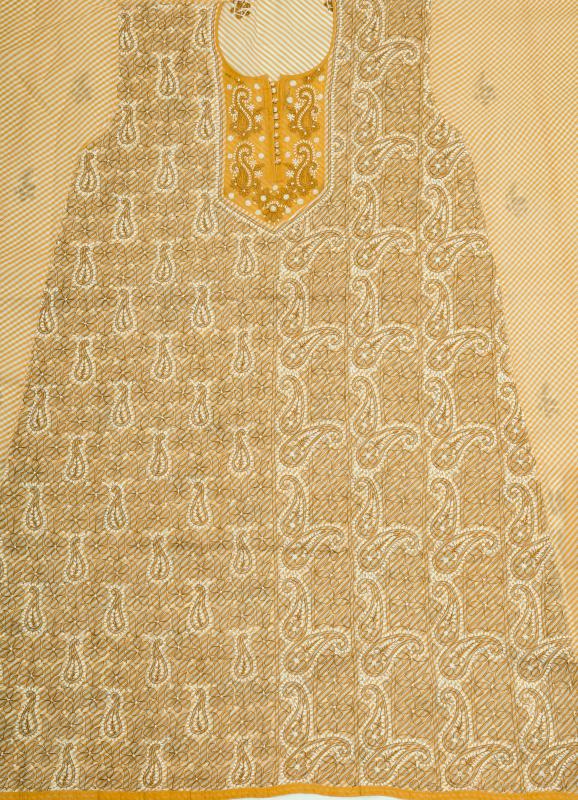 Mustard lehariya chikan unstitched kurta 