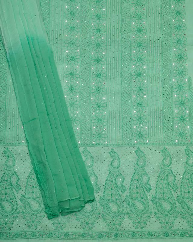 Green mukaish unstitched suit set