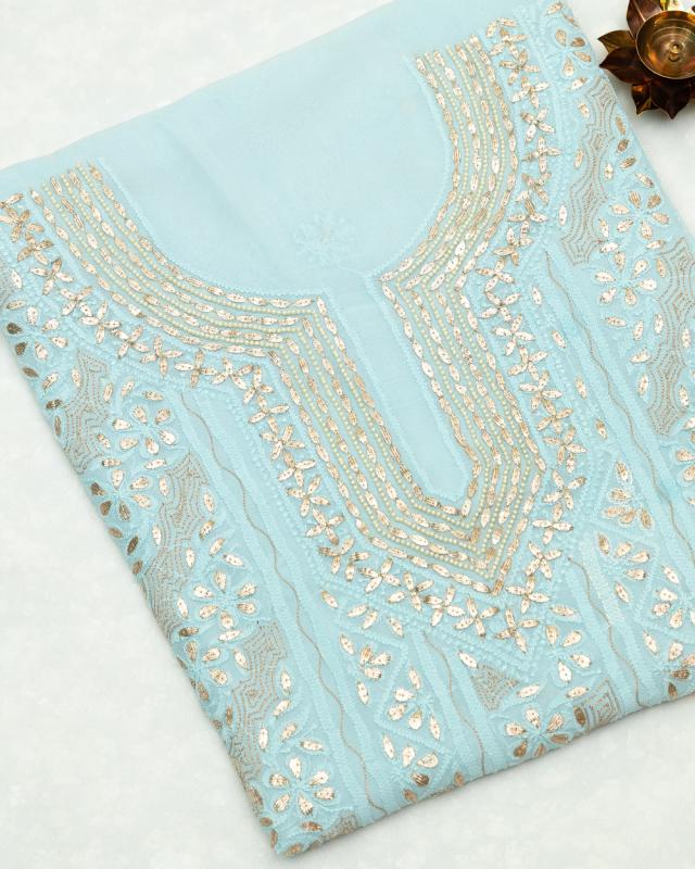 Blue unstiched georgette kurta with pearl and gota work
