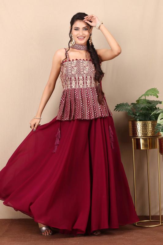 Dark mauve gharara embroidered se